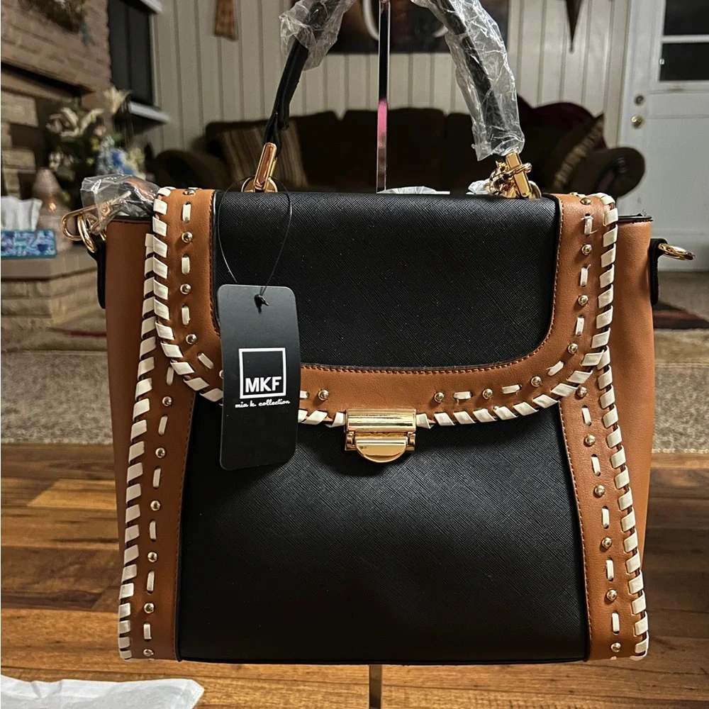 MKF Collection by Mia K Flora ~ Brown/Beige Leather W/ Flora Satchel Bag ~ New - Picture 4 of 16